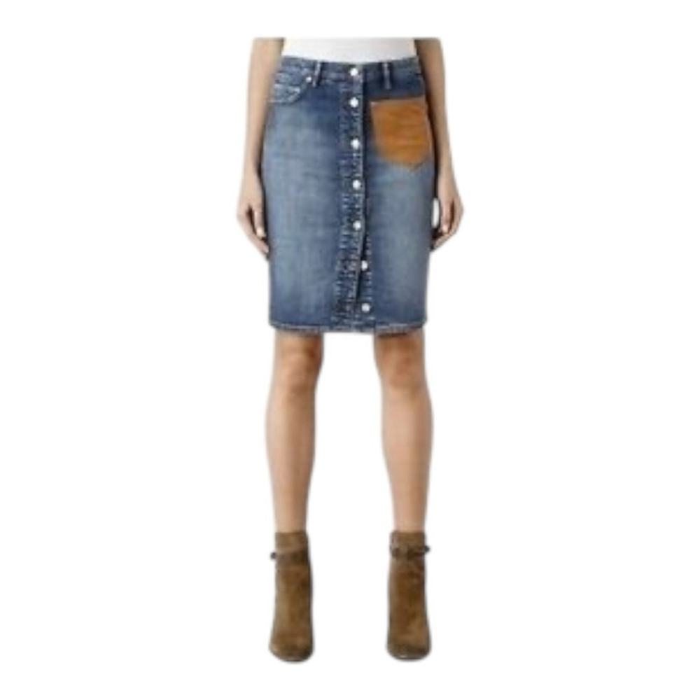 AllSaints Denim High Waist Pencil Button Skirt Suede Pocket Size 6